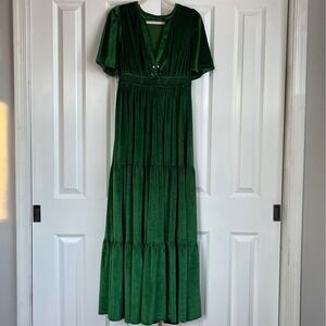 Emerald Green Velvet Tiered Whimsigoth Regencycore Flowy Maxi Dress Size XL